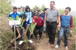 Ketua PWI Kuningan, Ondin Suterman saat menanam pohon di Kebun Raya Padabeunghar.